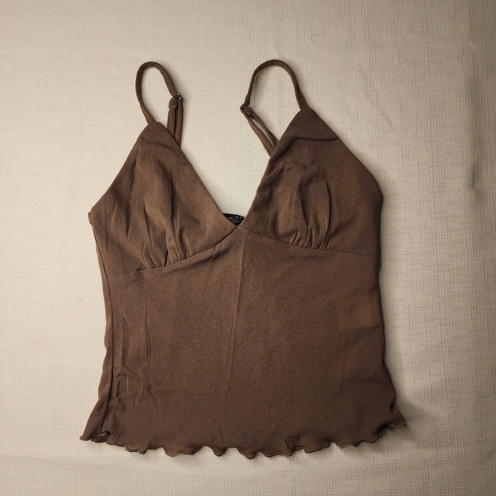 White Fox Boutique Womens XXS Brown Tank Top Adjustable Straps Lettuce Hem